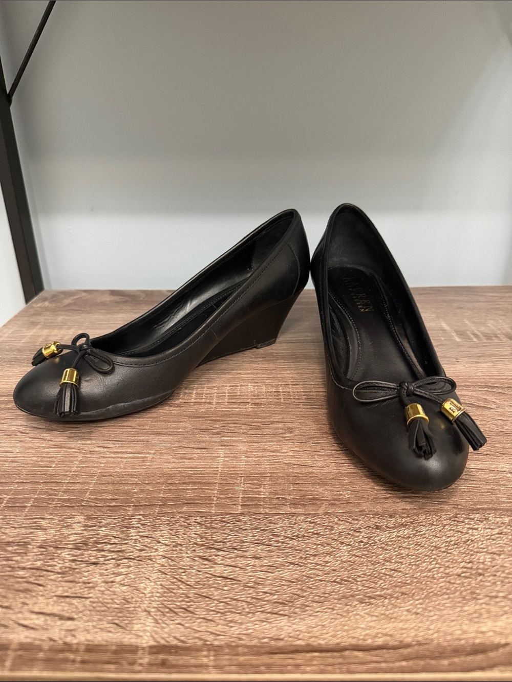 Lauren Ralph Lauren Black Leather Tassel Bow Flats with Gold Accents